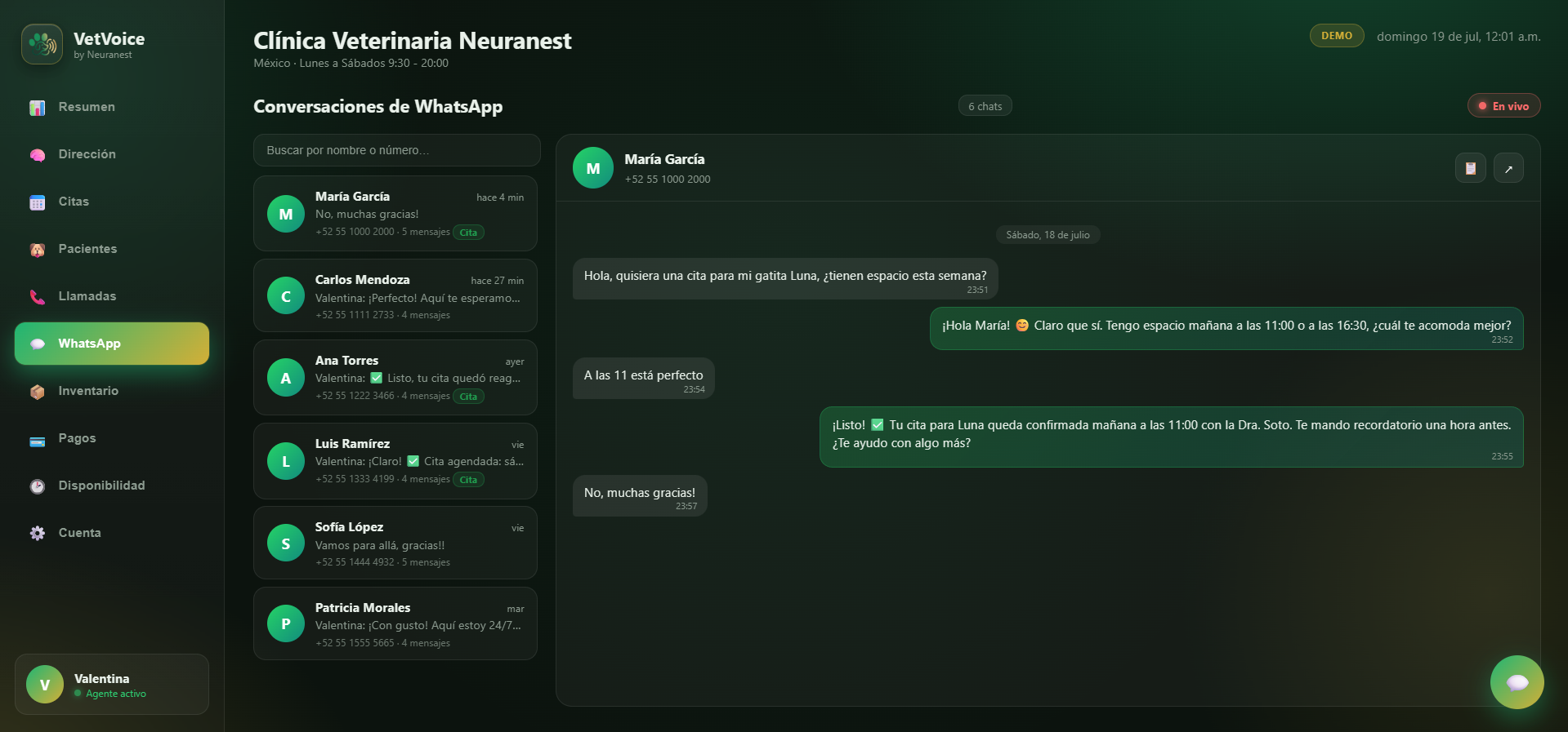 Panel de WhatsApp de VetVoice: Valentina agenda una cita real por chat